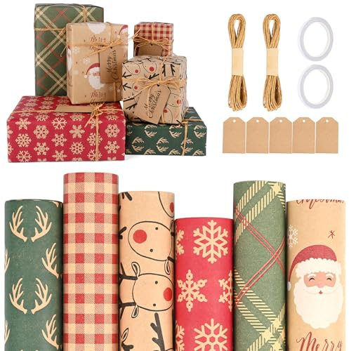 Geschenkpapier Weihnachtsmuster 6 Rollen 300 x 43cm Kraft Geschenkpapier Weihnachten Recycling Papier mit Jutesaiten Karten und Klebeband für Familien, Freunde, Valentinstag in Weihnachten