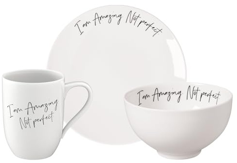 Villeroy & Boch Statement Frühstücks-Set 3-teilig | Amazing, not perfect | Geschirr-Set für 1 Person: Henkelbecher (290 ml), Frühstücksteller (21 cm) und Müslischale (14 cm) | Premium Porzellan | Weiß