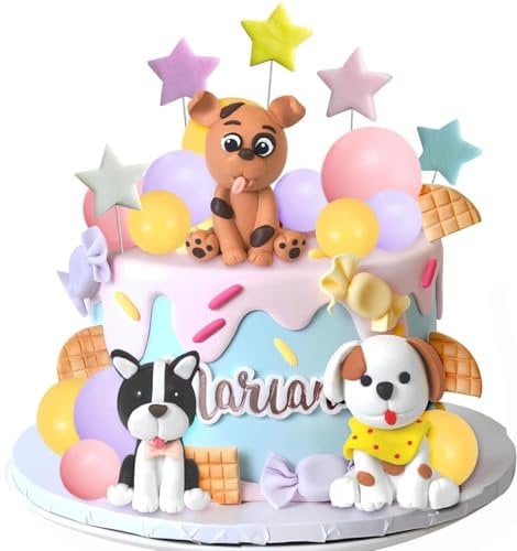 Dog Cake Topper Clay Figurines Puppy Star Yellow Pink Purple Ball Cake Decoration for Dog Theme Birthday Party Paw Cute Dog Pet Party Baby Shower Supplies