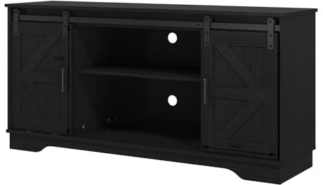 Farmhouse Coffee Bar Storage Cabinet with Barn 2 Sliding Doors TV Stand for Living Room (Black)