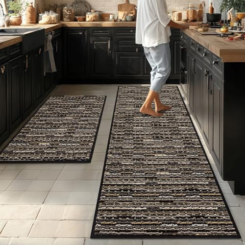 BSICPRO Kitchen Rugs Sets of 2, Non Slip Kitchen Mats for Floor, Black