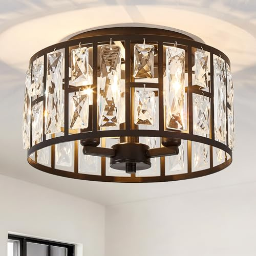 HARPER LIVING 3-Light Flush Ceiling Lights, Crystal Ceiling Lamp Matt Black Finish, 3xE14 Cap Type (No Bulbs) 30cm Modern Chandelier Lighting for Bedroom, Kitchen, Hallway, Dining Room