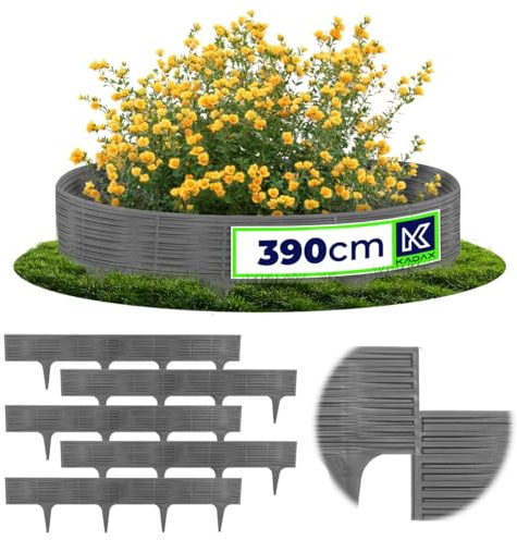KADAX Rasenkante 390 cm, Beeteinfassung in Rattanoptik, Beetumrandung aus Kunststoff, Rasenbegrenzung, Beetbegrenzung für Garten (Grau)