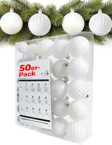 Menz weihnachtskugeln 50er Weiß – Premium-Kunststoff-Set in 3/4/6 cm als vielseitige christbaumkugeln in matt/glänzend/Glitzer/Kürbis