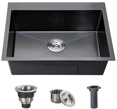 Ecoxsnz Fregadero de cocina de 35 x 25 cm, negro, acero inoxidable 304, empotrable, sin orificio para grifo, pequeño fregadero para cocina, bar, caravana