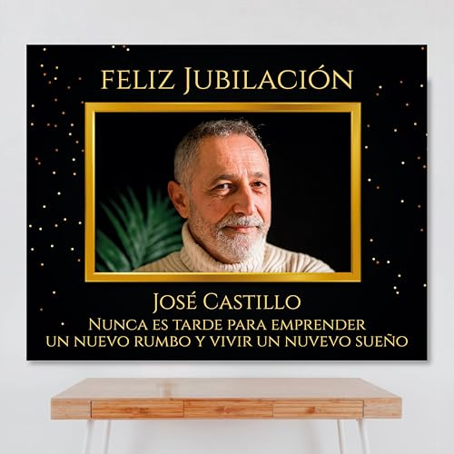 Genérico Cartel Personalizable Jubilación (Textos y Foto Personalizables), Tamaño 100x80cm, Papel 180gr, Decoración de Fiestas, (NEGRO Y DORADO)