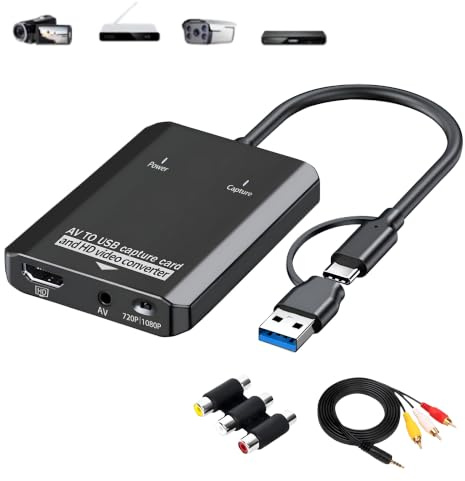 Ouitble VHS to Digital Converter 1080P AV zu HD Video Capture Karte für VCR | USB A/C Video Grabber Konverter mit AV-Kabel, Convert VHS VCR DVD zu Digital/MP4 Adapter für PC TV Gaming Display Projectors