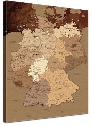 LANA KK - Premium Pinnwand Deutschlandkarte - Antik - Deutsch - in 80 x 120 cm, stabile Rückwand zum Pinnen inkl. Starterkit - Leinwand-Kunstdruck Wandbild Landkarte XXL