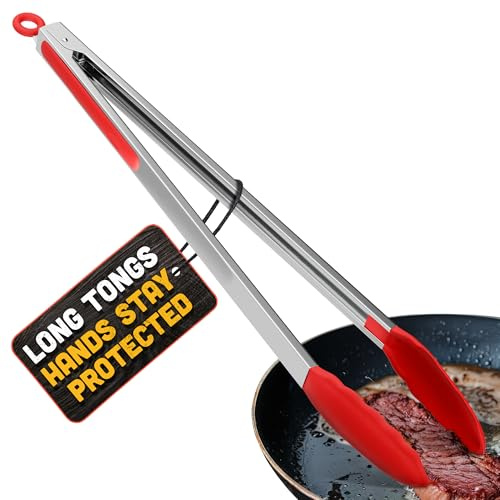 Salad Tongs - 17.3 Extra Long Tongs with Silicone Tip & Stainless Steel Frame for Salad Mixing & Serving, Safe Turning of Steaks, Burgers & Veggies - Easy-Lock Handle, Non-Slip Grip & Storage Loop