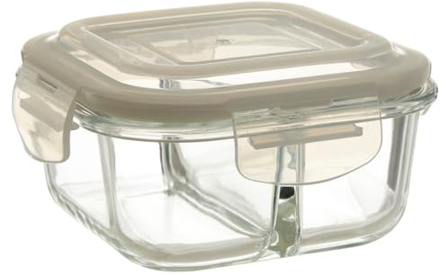 Premier Housewares 0.38kg Glass Container Clear Borosilicate Glass BPA-free Silicone Seal Lid 2 Storage Compartments Microwave Safe 13cm x 7cm x 13cm