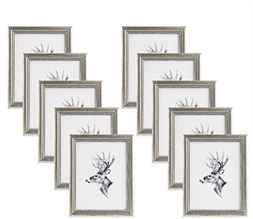 WOLTU Bilderrahmen 20x30cm 10er Set Fotorahmen Holzrahmen mit Passepartout, zum vertikalen oder horizontalen Aufhängen/Aufstellen, Posterrahmen Collage Wanddeko, Silber