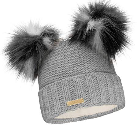 Mikos * Damen Wurm Winter Beanie Strickmütze Gefüttert Skimütze Wintermütze mit Zwei Pom Pom Mütze mit Zwei Bommeln Slouch Beanie Damen - Bommelmütze (689)(Grau)