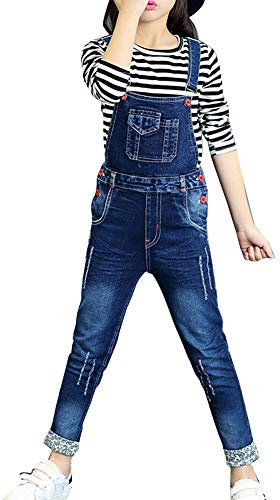 Kinder Mädchen Jeans Latzhose Denim Freizeithosen Jumpsuit Lang Overall Mit Hosenträger Blau 170CM