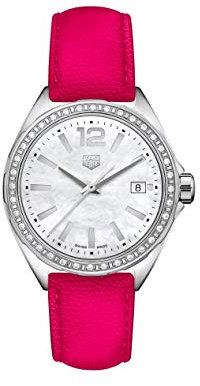 TAG Heuer Damen Formel 1 Diamant 35mm Uhr, Fuchsia Lederarmband mit Schnalle, Weißes Perlmutt Zifferblatt mit 36 Diamanten, Wasserresistent bis 20 Meter