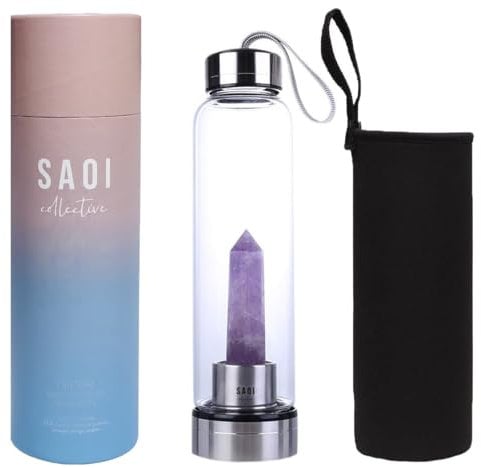 SAOI Crystal Water Bottle - Amethyst - Natural Wellness Healing - Glass/Stainless Steel