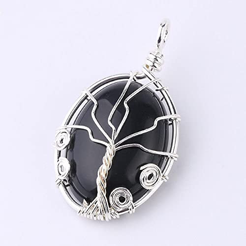 Collares con Colgantes De Piedra para Mujer,Piedras Ncklaces of Women Silver Wire Winding Oval Cool Black Agate Natural Semi-Precioso Fewellery Pendant Yoga Reiki Chakra Stone For Ladies Mamá Novia