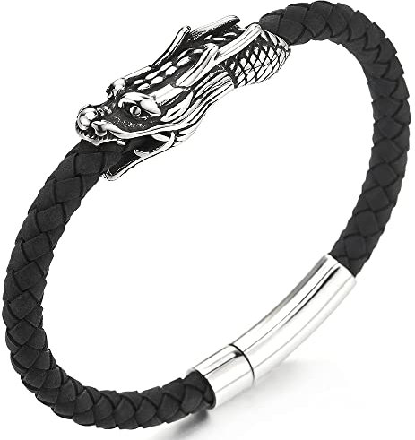 COOLSTEELANDBEYOND Vintage Acier Inoxydable Dragon Tête Bracelet - Bracelet en Noir Cuir Tressé - Homme