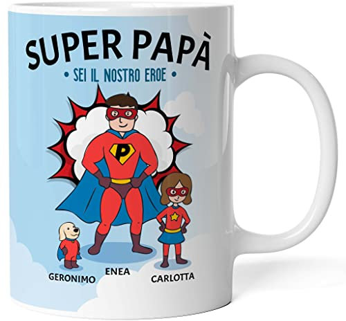 Caribu design Tazza personalizzata papà supereroe - idea regalo originale festa del papà/compleanno (Papà + Figlia + Cane)