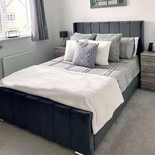 THE BED VILLAGE YORKSHIRE Wing Panel Upholstered Bed Frame. Velvet Crushed/Plush Bed Frames With Winged Panelled Headboard. Wingback Padded Head Board For Bedroom (5ft King Size, Silver Crush)
