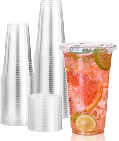 Vplus 140 Pack 24 OZ Clear Plastic Cups With Flat Lids, PET Crystal Clear Cups, 24 OZ Disposable Cold Drinking Plastic Cups, Perfect for Ice Coffee, Smoothie, Juice, and TO-GO Drinkings