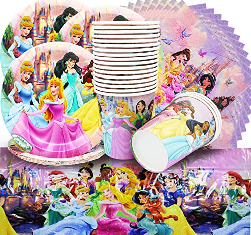 Bambini Set di Stoviglie per Compleanno,Doyomtoy Set di Articoli per Feste Piatti di Compleanno, Tazze, Tovaglioli, Tovaglie,Principesse per Festa di Compleanno 61 Pezzi