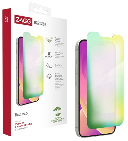 ZAGG InvisibleShield Flex Eco Screen Protector for iPhone 14/13/ 13 Pro, Shockproof, Scratch Resistant, Organic, Glass-Like, Anti-Microbial, (Clear)