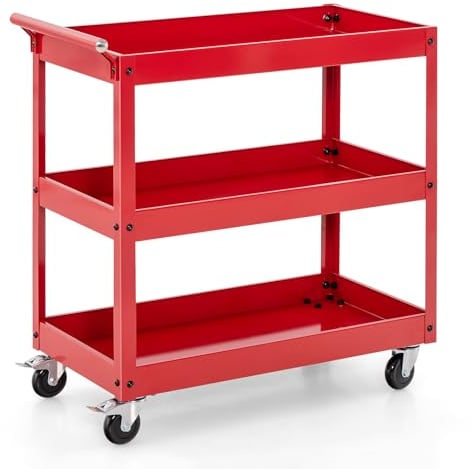 TANGZON 2/3-Tier Rolling Tool Cart, Utility Service Cart with Towel Rack Handle & Wheels, Heavy-duty Steel Mobile Tool Storage Garage Trolley Shelves (3 Tier, 76x38x78cm, Red)