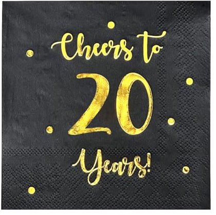 Cheers to 20 Years Cocktail-Servietten | Happy 20th Birthday Dekorationen für Männer und Frauen und Hochzeitstag Party-Dekorationen | 50 Stück 3-lagige Servietten | 12,7 x 12,7 cm gefaltet (schwarz)