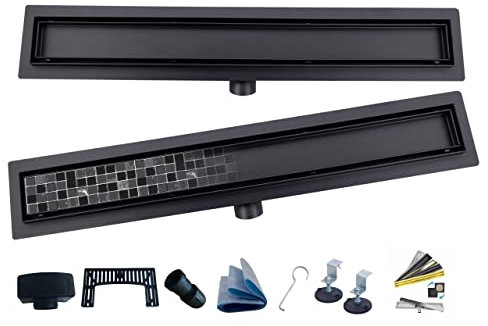 AQUA HEATING 2in1 linearer Edelstahl-Bodenablauf superflach Komplettset für Badezimmer mit bodengleicher Dusche, Duschrinne Set, Duschablauf mit Siphon Doppelseitige Rost 60 cm schwarz