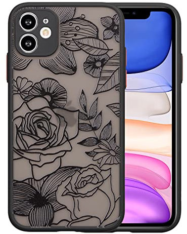 XIZYO Case for iPhone 11, Frosted Translucent Rose Floral Flower Pattern Shockproof Cover, Soft TPU Bumper Protective Phone Case, Black