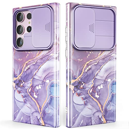SHEDEER for Samsung S23 Ultra Case with Slide Camera Cover, Samsung Galaxy S23 Ultra Case Slim Fit Shockproof, Glossy Fade-Resistant Pattern Design Phone Cover (Purple)