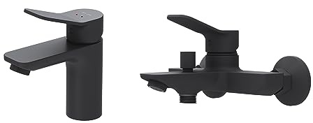 AM.PM X-Joy Armaturen-Set: Waschtischarmatur & Wannenarmatur, Badarmaturen 2 St. Wasserhahn Waschbecken& Badewannenarmatur, Mischerset für Badezimmer aus Messing, F428XA39, Schwarz