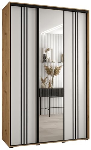 MEBLE KRYSPOL Davos 7 160 Schlafzimmerschrank mit DREI Schiebetüren - Moderner Aufbewahrungsschrank mit Spiegel, Kleiderstange und Regalen - 235,2x160x60 cm - Artisan Weiß Schwarz