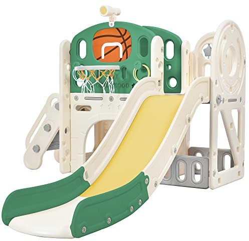 Merax Rutsche für Kinder, 6 in 1 Kinderrutsche mit Basketballrahmen, Klettern, Stauraum, Tunnel, Kinder Spielplatz Gartenrutsche für In- und Outdoor, Hinterhof Baby Rutsche Set, Gelb & grün & weiß