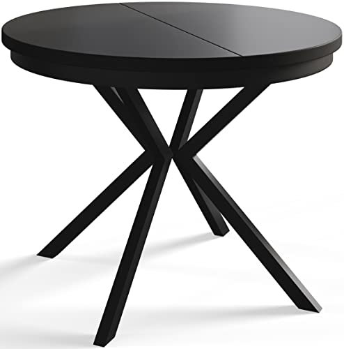 AlpiMeble Runder Esszimmertisch BERGO, ausziehbarer Tisch Durchmesser: 120 cm/200 cm, Wohnzimmertisch Farbe: Schwarz, mit Metallbeinen in Farbe Schwarz