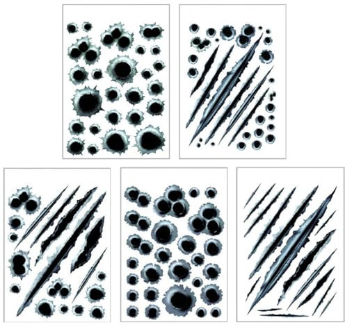 EinschussLöcher Sticker Set, 5 Stück Auto Aufkleber 3D Einschusslöcher, Bullet-Holes und Kratzer als Auto-Aufkleber, für Roller Moped Motorrad-Helm Notebook Laptop, Mehrfarbig