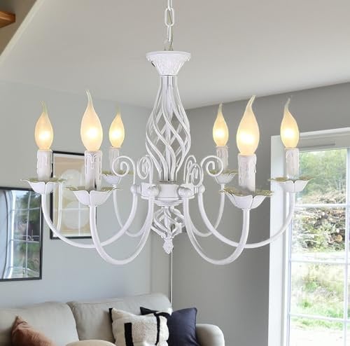 Riohan Kronleuchter Weiß Vintage, Rustikaler Kronleuchter LandhausKerze, 6 Lichter Kronleuchter Deckenleuchte Bauernhaus Klassische Pendelleuchte Hanging für Küche Wohnzimmer Schlafzimmer