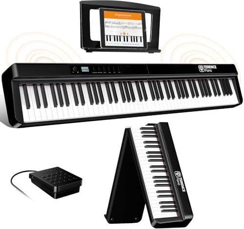 TERENCE Pieghevole Pianoforte Digitale 88 Tasti pesati con batteria da 2000 mAh Altoparlanti 2x25W Bluetooth e interfaccia MIDI supporto per spartiti Borsa adesiva Cavo audio con Pedale di sostegno