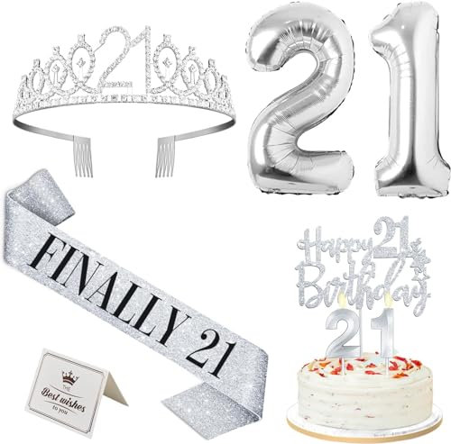 21st Birthday Decorations for Her Silver, Including 21st Birthday Tiara and Sash, Cake Topper and Candles, Number Balloons, 21 Year Old Gifts for Her