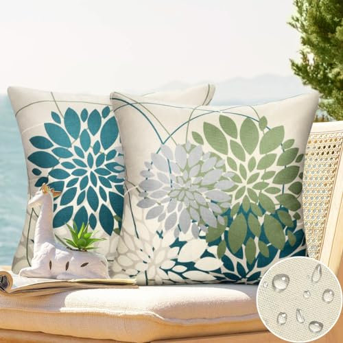 2er Set Kissenbezug 50x50cm Outdoor Kissenhüllen Wasserfest Modern Leinen Kissenhülle Blau und Grün Blumen Dekorativ Kissenbezüge für Garten Sofa Wohnzimmer Bett Kissen Dekoration