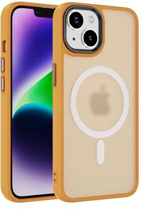 LBH Handyhülle magnetisch für iPhone 15 kompatibel mit MagSafe kabelloses Laden Sturzschutz Design erhöhter Rand Kameraschutz Schutzhülle transparente Rückseite Gelb