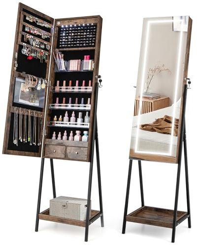 GOPLUS Armoire a Bijoux avec Miroir, 2 en 1 Armoire à Bijoux sur Pied avec LED 3 Couleurs, Intelligent Tactile, Organisateur de Bijoux Verrouillable avec Grand Rangement 2 Tiroirs 1 Plateau, Brun