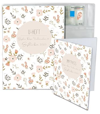 Minilino personalisierte U Heft Hülle 3-teiliges Premium Set für Impfpass & U-Heft [ SCHÜTZT WICHTIGE DOKUMENTE ] Organizer für Untersuchungsheft (Blumenwiese weiß)