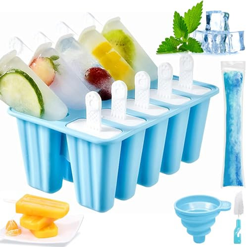 Moule à Glace, Moule Silicone Glace pour Adultes et Enfants, Réutilisables Popsicle Mold, Moule Glace à l'eau avec Pinceau de Nettoyage et Entonnoir de Pliage (Bleu, 10 Cavités)