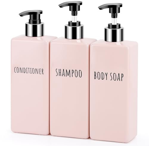 Segbeauty Dispenser Sapone Doccia e Mani, 3 Pezzi 500ml, Plastica, Shampoo e Bagnoschiuma, Dosasapone Bagno Con Etichette Stampate (Rosa)