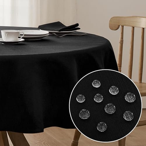 Softalker Schwarze Tischdecke rund 120 Abwaschbar Wasserabweisend Abwischbar Fleckschutz Leinen Struktur Deko für Outdoor Draußen Gartentisch Party Geburtstag Silvester Weihnachten Garten