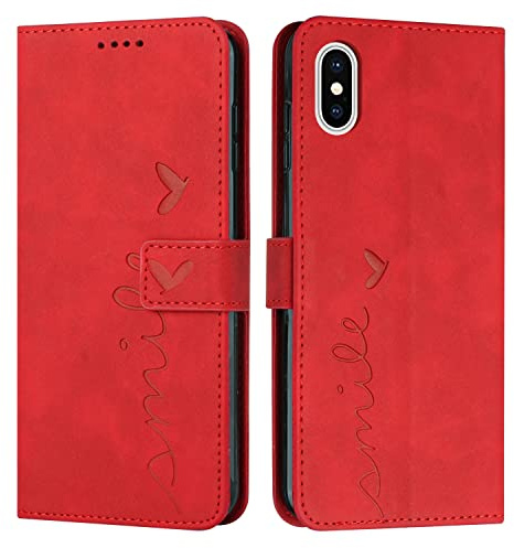 VEEMOS Klapphülle für Apple iPhone X/iPhone XS Hülle Klappbar Handyhülle mit Kartenfach Ständer Schutzhülle Handy Tasche Leder Flip Book Case Cover Handytasche - Rot