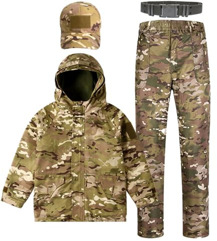 QIYUANT Bambini All'aperto Set di Giacca e Pantaloni di Abbigliamento Tattico Foderato Pile Airsoft Militare Camuffare Inverno Combattere (CP/Giacca + Pantaloni+ Berretto + Cintura, 140)