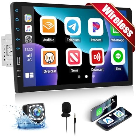 CAMECHO Autoradio 1 Din mit Wireless Carplay Android Auto 9 Zoll Bildschirm Bluetooth Radio Touch Display mit Rückfahrkamera Mirror Link FM SWC 2USB Lenkradsteuerung