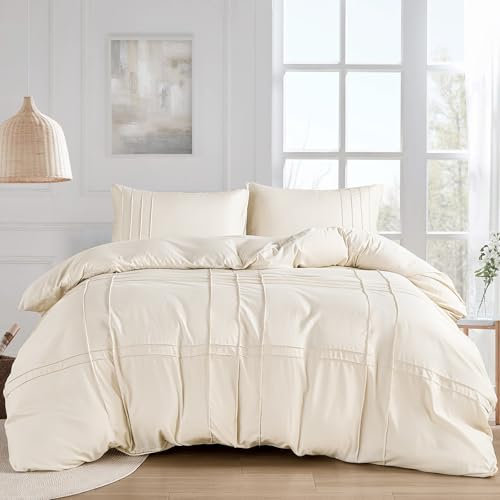 Guchuang Bedding Boho Pintuck Pinch Pleated Beige King Size Duvet Cover Set 3 Piece Tufted Duvet Cover for All Season Soft Breathable Microfiber Bed Cover 220x230cm